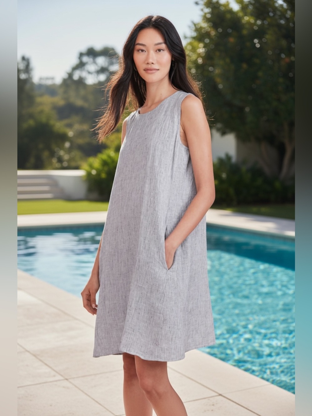 Nicole Miller New York Sleeveless Light Blue 100% Linen Dress Size Large Summer